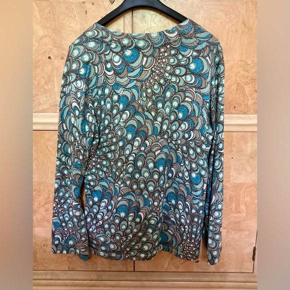 Chico’s Teal Taupe Aqua Cream Cardigan Peacock Pattern Chico’s Size 2 - Picture 2 of 8